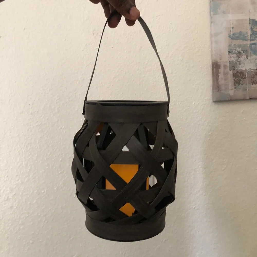 Dark Brown home decor woven faux rattan basket battery lantern candle holder